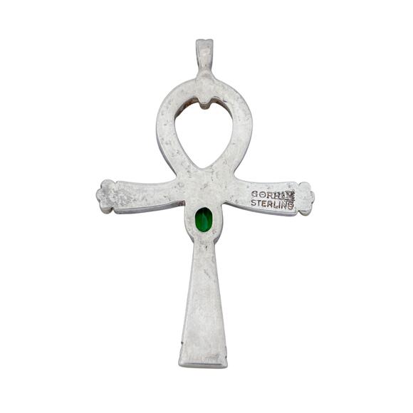 Estate Sterling Silver 925 Green Cubic Zirconia Egyptian Ankh Cross Pendant - Picture 4 of 9